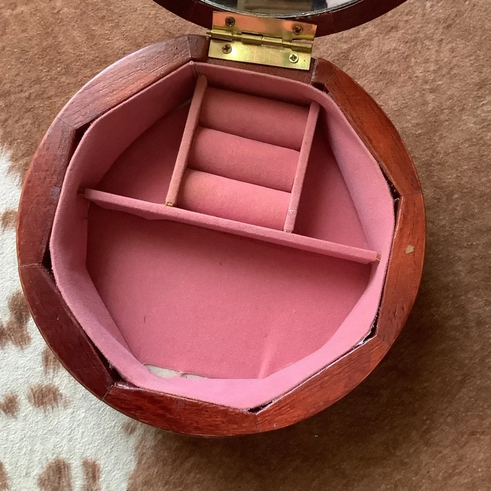 Vintage Wood Wooden Tapestry Round Jewelry Box